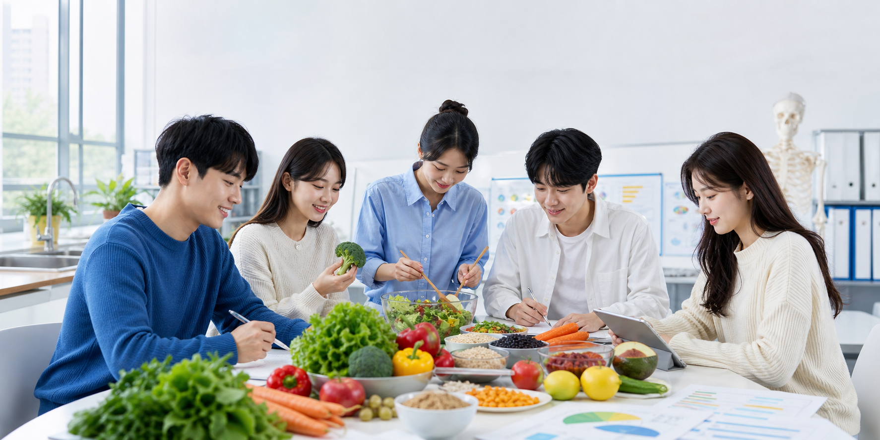 학생들이 균형 잡힌 식생활 수업을 준비하는 모습